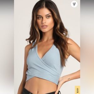 Lulu’s Bet on The Best 
Dusty Blue Ribbed Sleeveless Faux Wrap Crop Top - Small